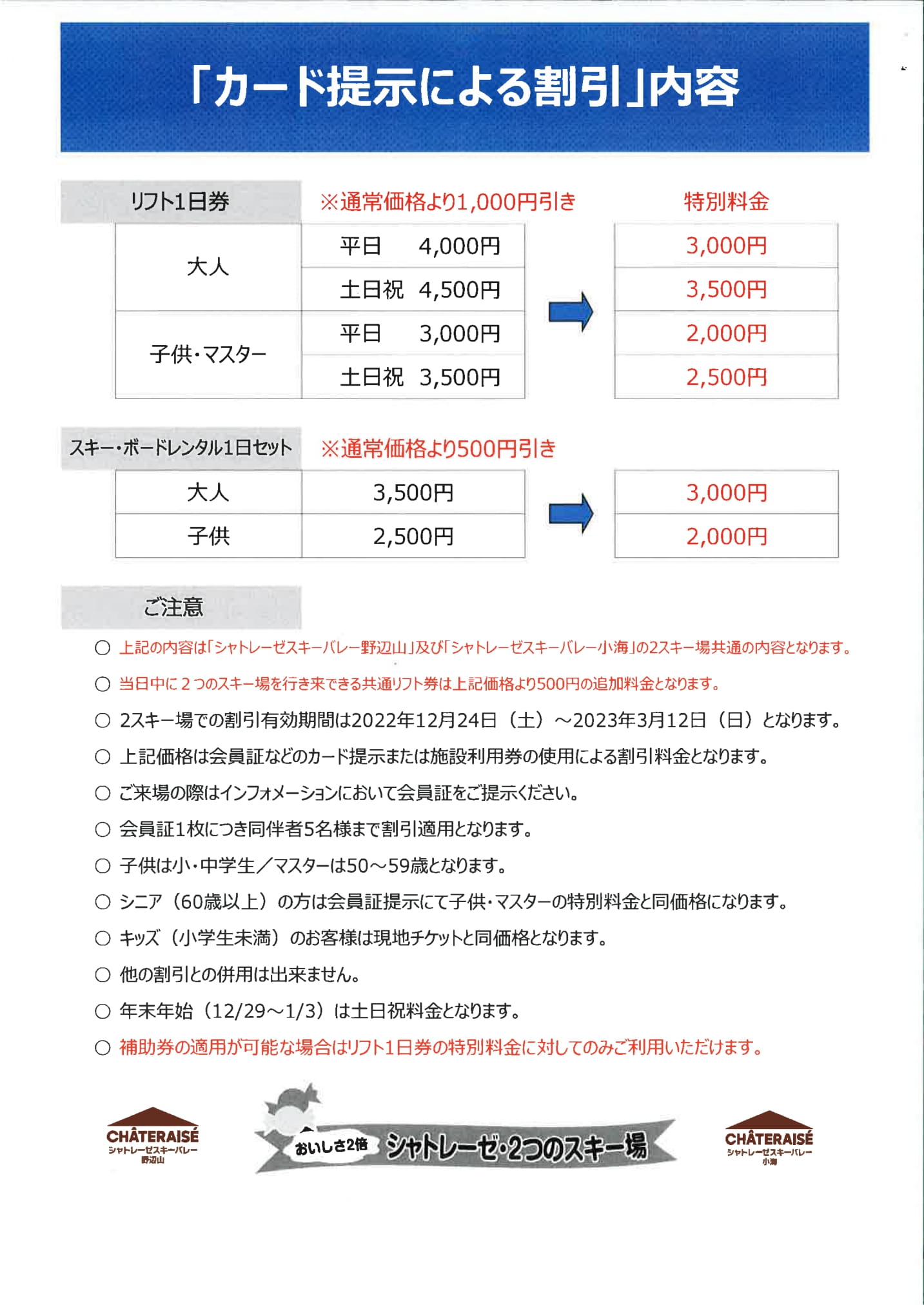 シャトレーゼスキーバレー野辺山&シャトレーゼスキーバレー小海 リフト券 新しい